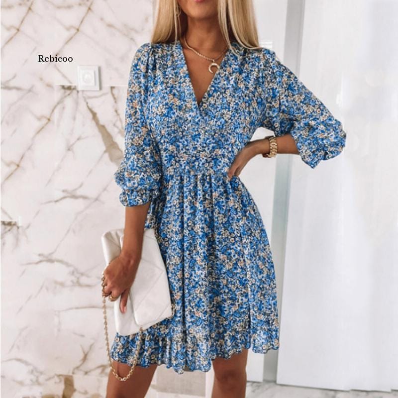 2022 European And American Women's New Mid-length Dress Tight Waist Pullover Bohemian Printed Short-sleeved Floral Dress