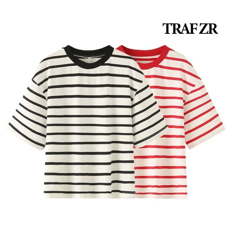 TRAF ZR Striped Women's Fashion T-shirts O-neck Short Sleeve Tee Tshirts Blouse Top Cotton Tops for Summer 2024 Harajuku Tshirt