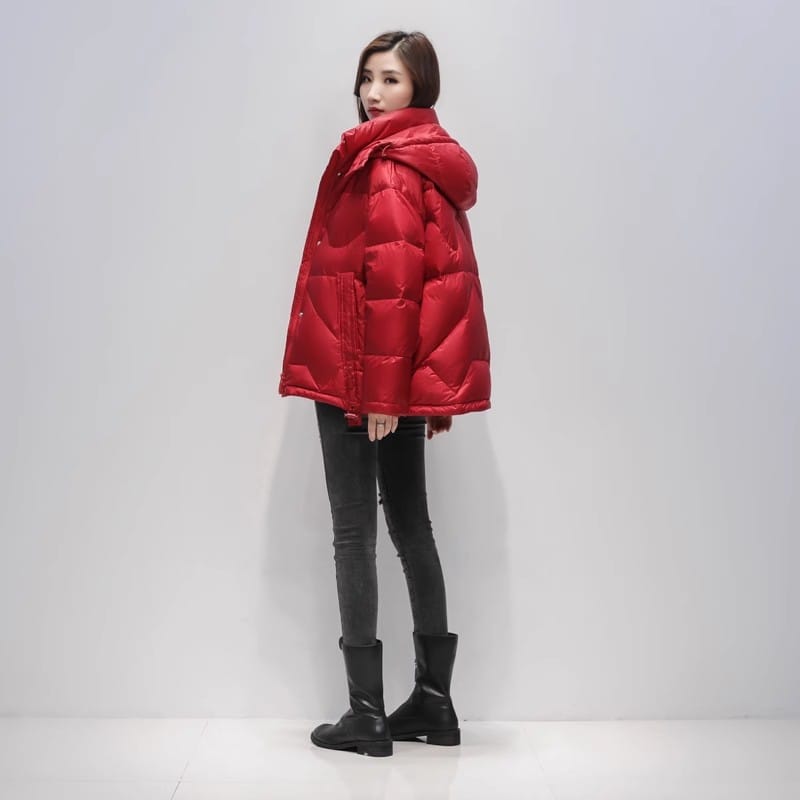Red Short Down Jacket Women's Casual Clothing 2024 Winter New Fashion Loose Hooded Coat Female Parkas White duck down Jackets