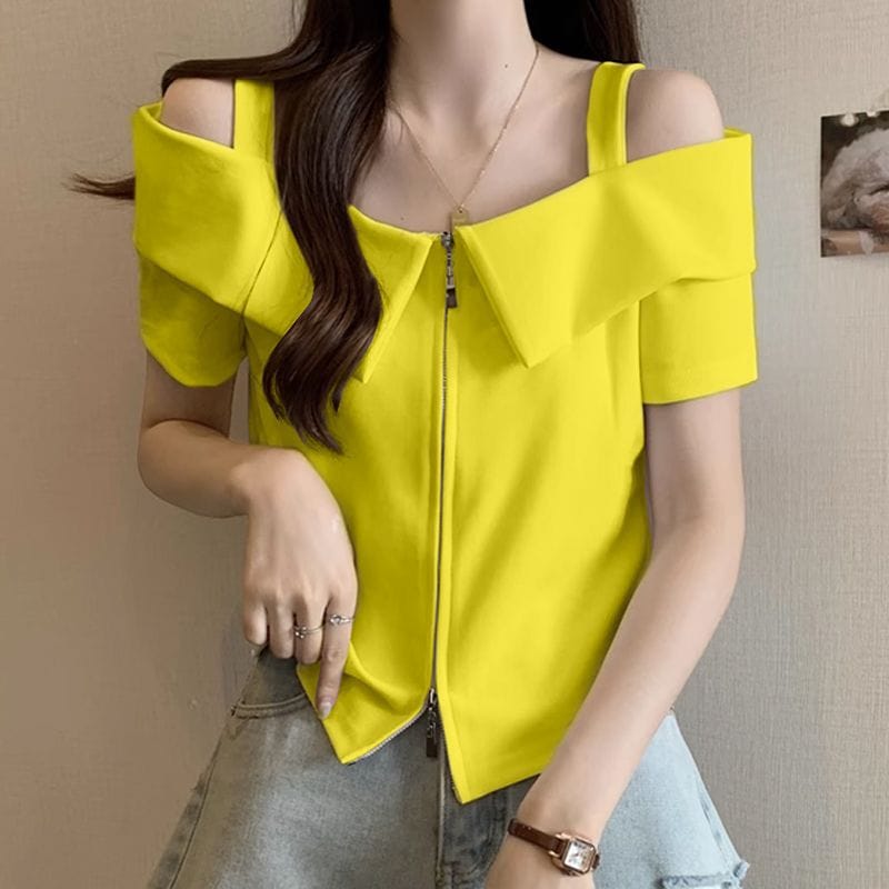 Top women's summer 2024 new Joker Slim One-shoulder suspenders cover the meat with solid color fashion short sleeves.