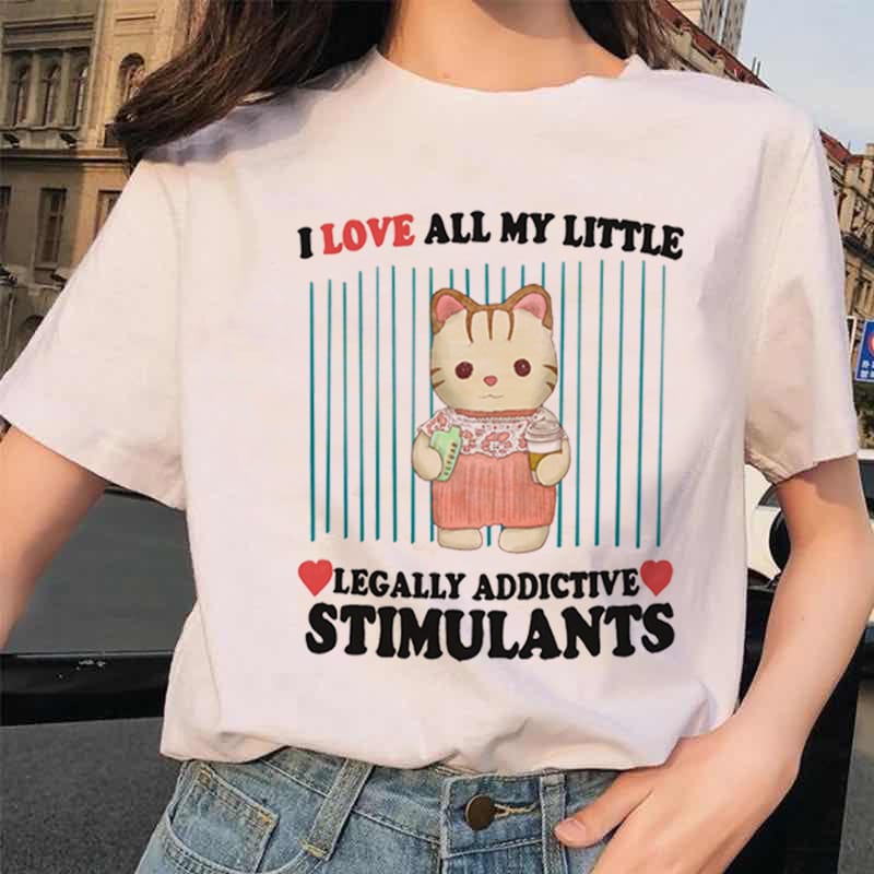 Sweet Academy Style Women's Cartoon 90s Round Neck Cat Printed Short Sleeve Casual Style T-Shirt Women's Printed Summer T-Shirt