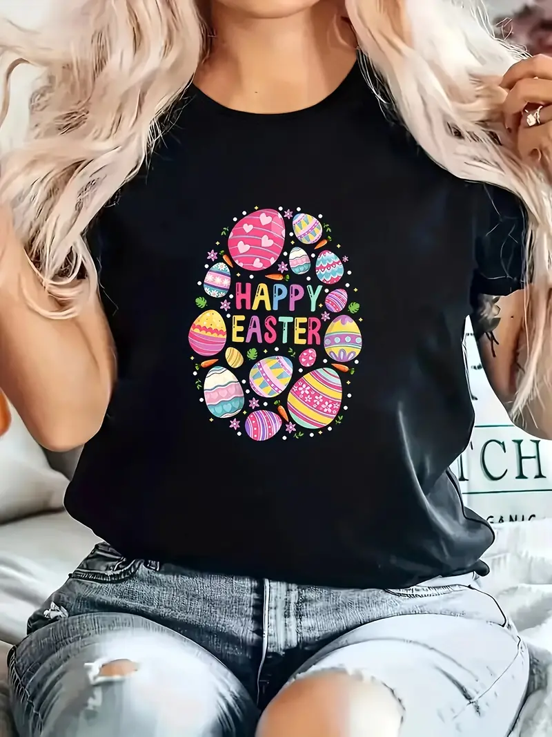 Happy Easter Easter Eggs Printed Short Sleeved Casual Women's Fashion Women's Pattern T-shirt Women's Printed Summer T-shirt