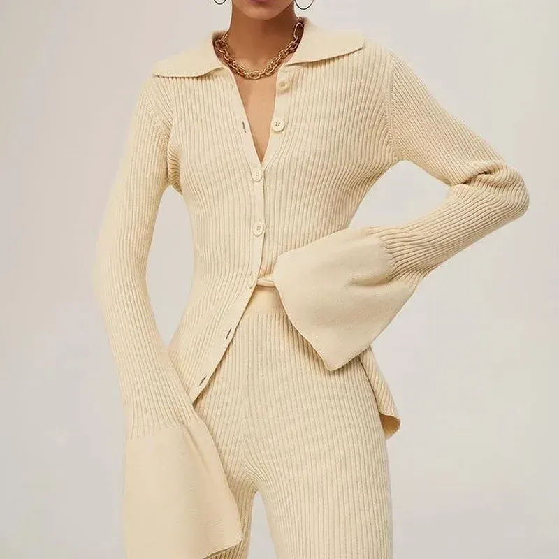 Women's Sweater Elegant Knitted Top Women's Ribbed Single-breasted Sweater Shirt Top Stretch Waist Flared Sleeve Cardigan Jacket