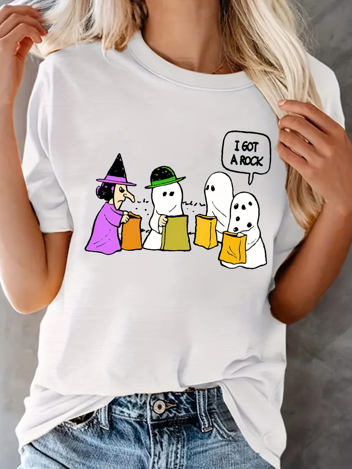 Plus Size Halloween T-shirt, Women's Plus Cartoon Figure Print Short Sleeve Round Neck T-shirt
