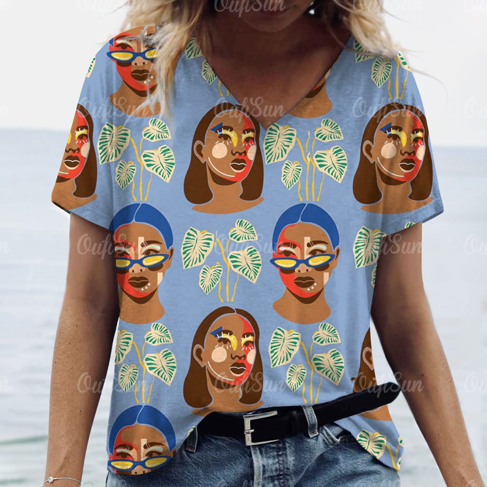Women's T-Shirt 3d Vintage Face Print Trend New Short Sleeve T-Shirt V-Neck Clothing High Quality Women's Top Oversized T-Shirts