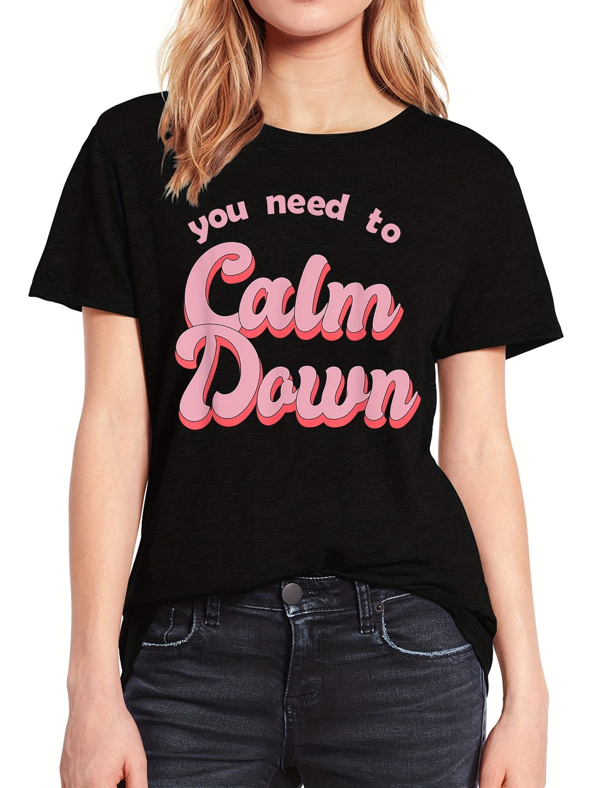 Calm Down Print T-Shirt - Women's Casual Short Sleeve Top for Spring & Summer