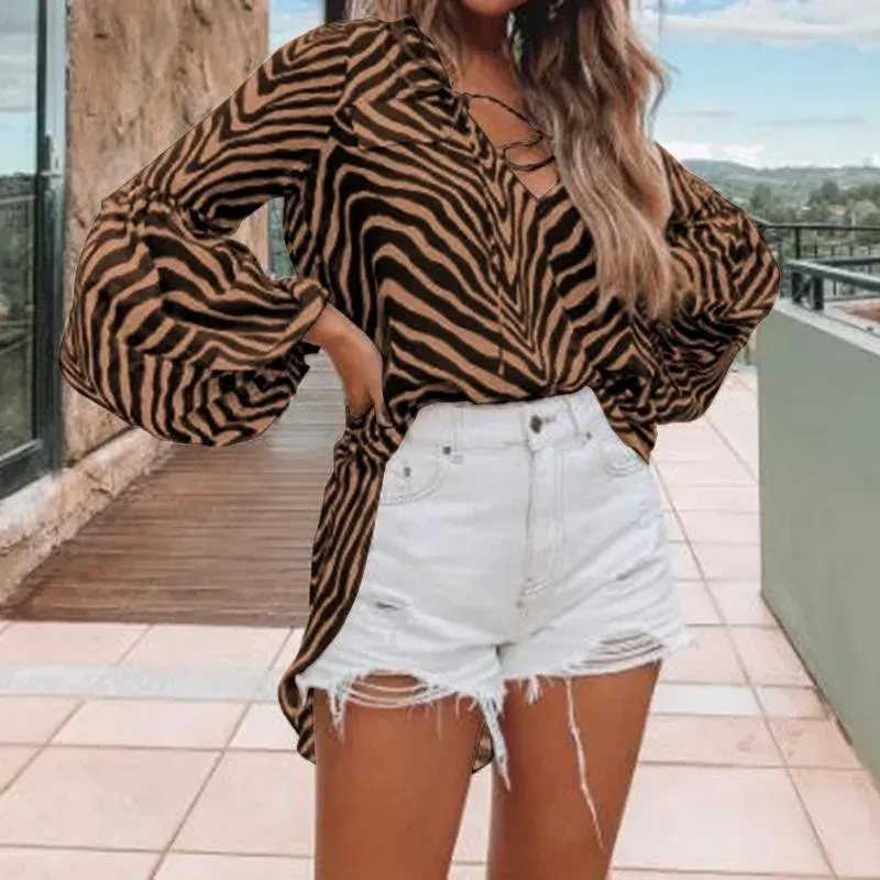 Women's Shirt Style Autumn Sexy V-neck Shirt Casual Long 2024 New Sleeve Lace Up Zebra Stripe Work Top Plus Size Women Blouses