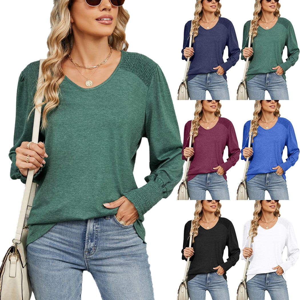 Autumn and Winter Loose V-neck Lantern Sleeves Loose Pleated T-shirt Women's Top