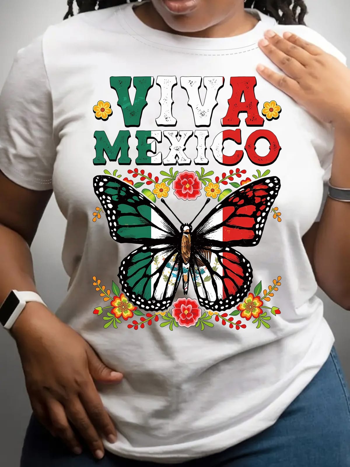Butterfly & Floral Print T-shirt, Short Sleeve Crew Neck Casual Top For Summer & Spring, Women's Clothing