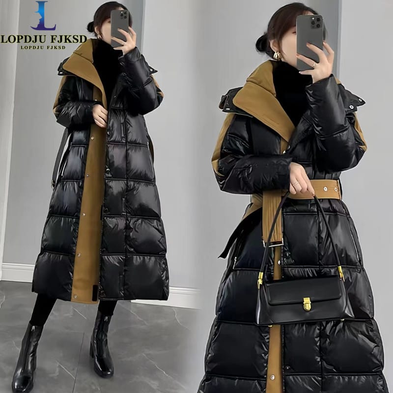 Covered Button Women's Coat, 90% White Duck Down Jacket, Hooded Parkas,Korean Female Clothing,Adjustable Waist,Winter,New
