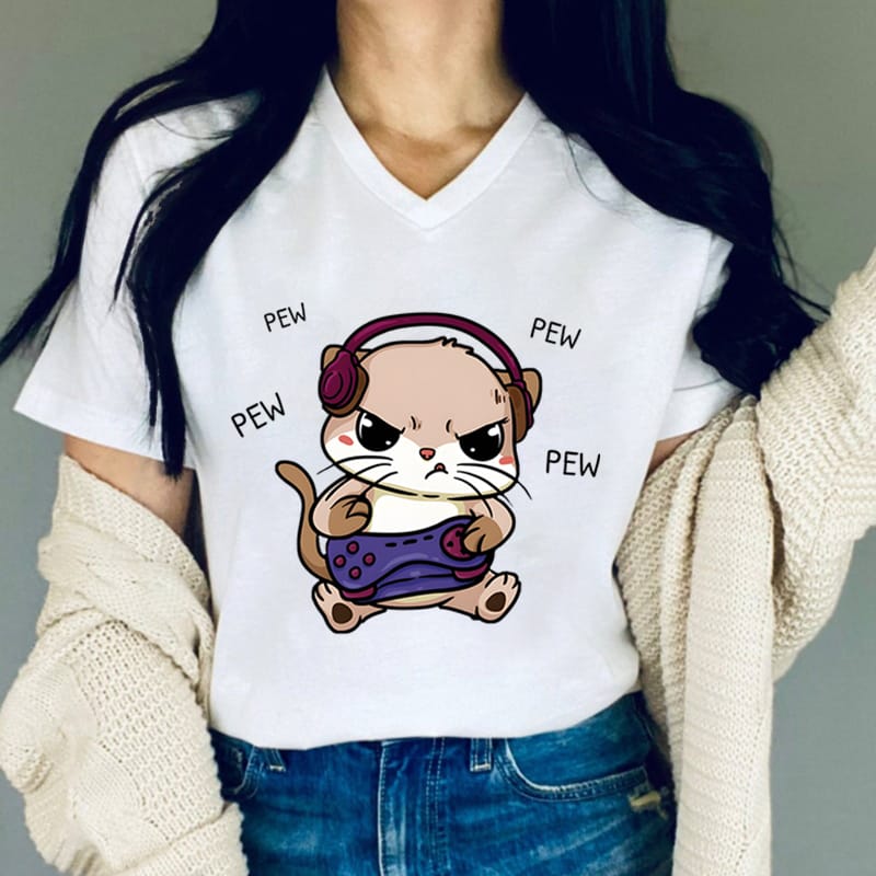 Women's Cats Playing Video Games T-shirts V-Neck Short Sleeve Pew Pew Pew Print Tops Tees Funny Harajuku Female Animal Tshirt