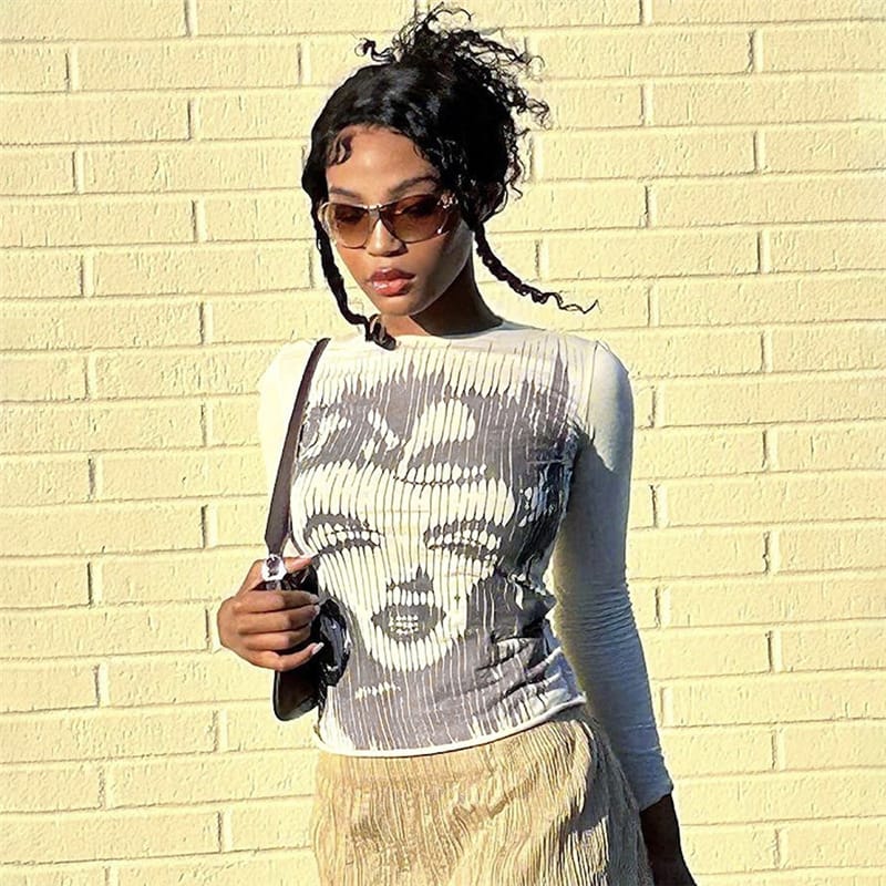 Women's Spring 2023 new top ins fashion street shot 3D print long sleeve versatile slim T-shirt