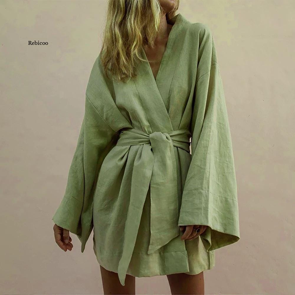 Women's V-Neck Kimono Cardigan Mini Dress Cotton Linen Long Sleeve Sashes Dresses Robe Style Lace Up Summer Loose