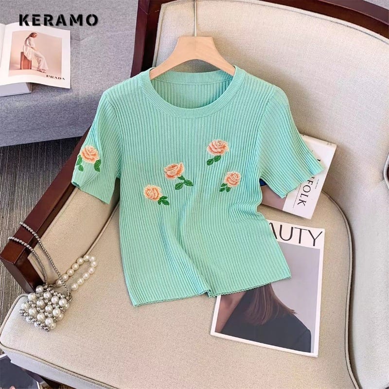 New Fashion Round Neck Floral Embroidery Short Sleeve Sheath T-shirt 2024 Summer Women's Casual Elegant Style Luxury Tees Top