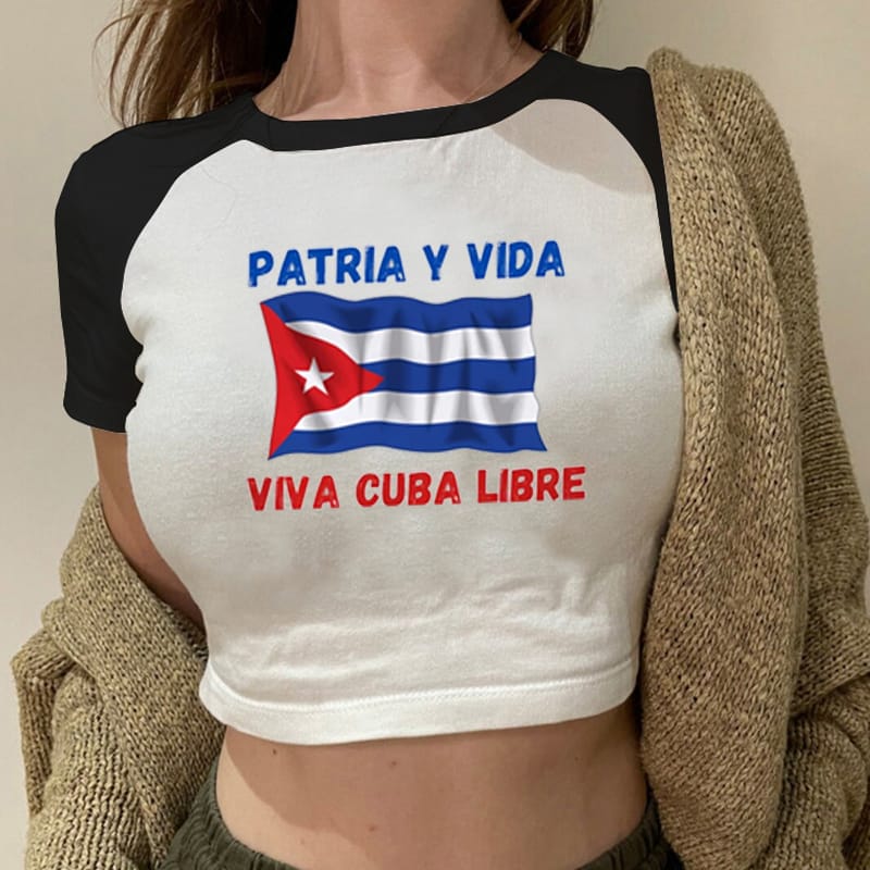 Patria Y Vida Women's Cropped Top Cuba Cuban Flag T-Shirt Homeland and Life Patria Y Vida Sos  Viva Cuba Libre Sexy Hot Girl Top