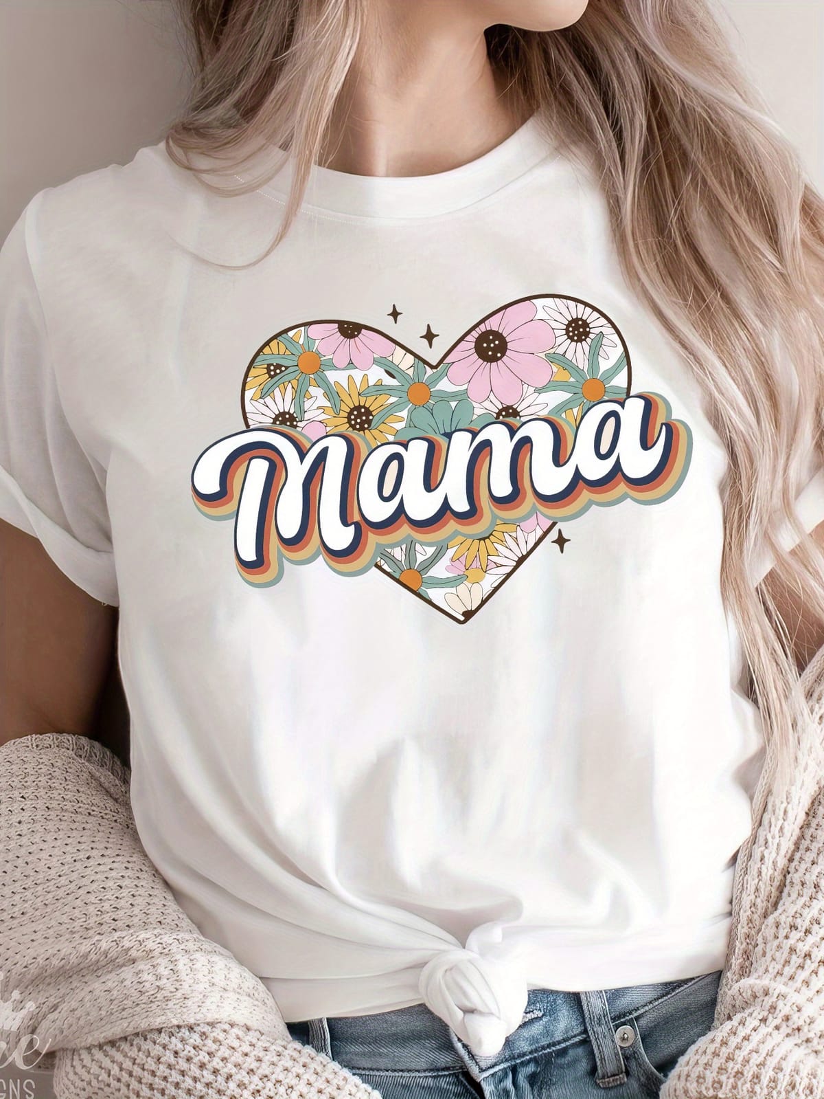Mama & Floral Print T-shirt, Short Sleeve Crew Neck Casual Top For Summer & Spring, Women's Clothing