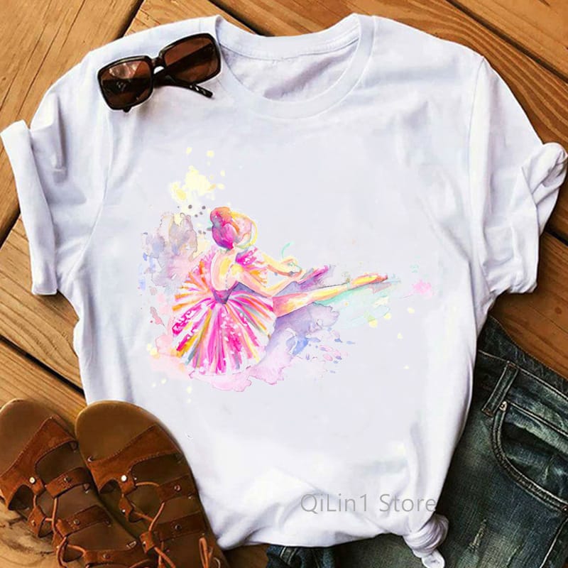 Europe and United States Summer Watercolor Dance Girl Print Casual White Round Neck Large Size Women's Half-sleeve T-shirt Tops