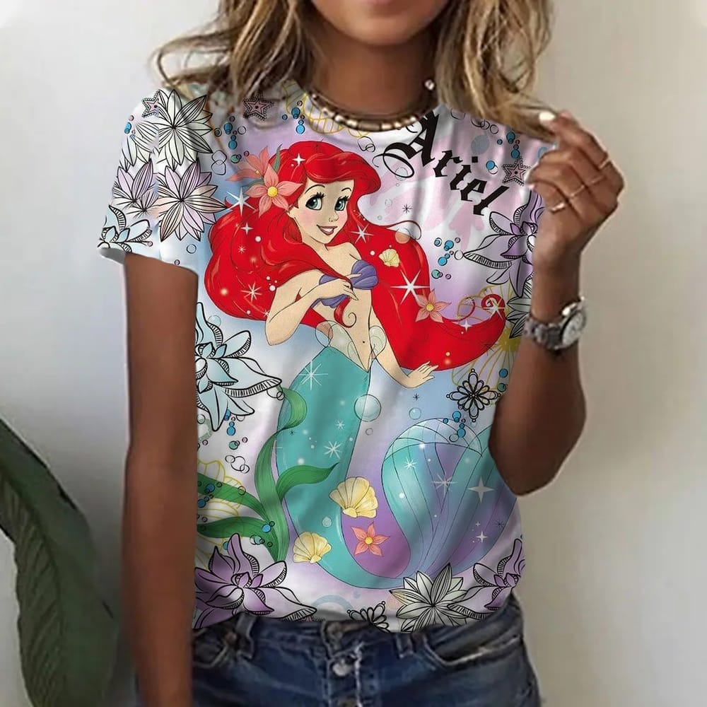 2024 New Women's Round Neck T-Shirt Short Sleeve Princess Spring and Summer Cartoon Print Genuine Cute Loose Simple Style T-Shir