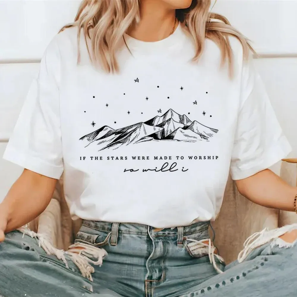 If The Stars Were Made To Worship So Will I Printed Fashion Pattern Retro Women's Summer Short Sleeved O-Neck Printed T-Shirt