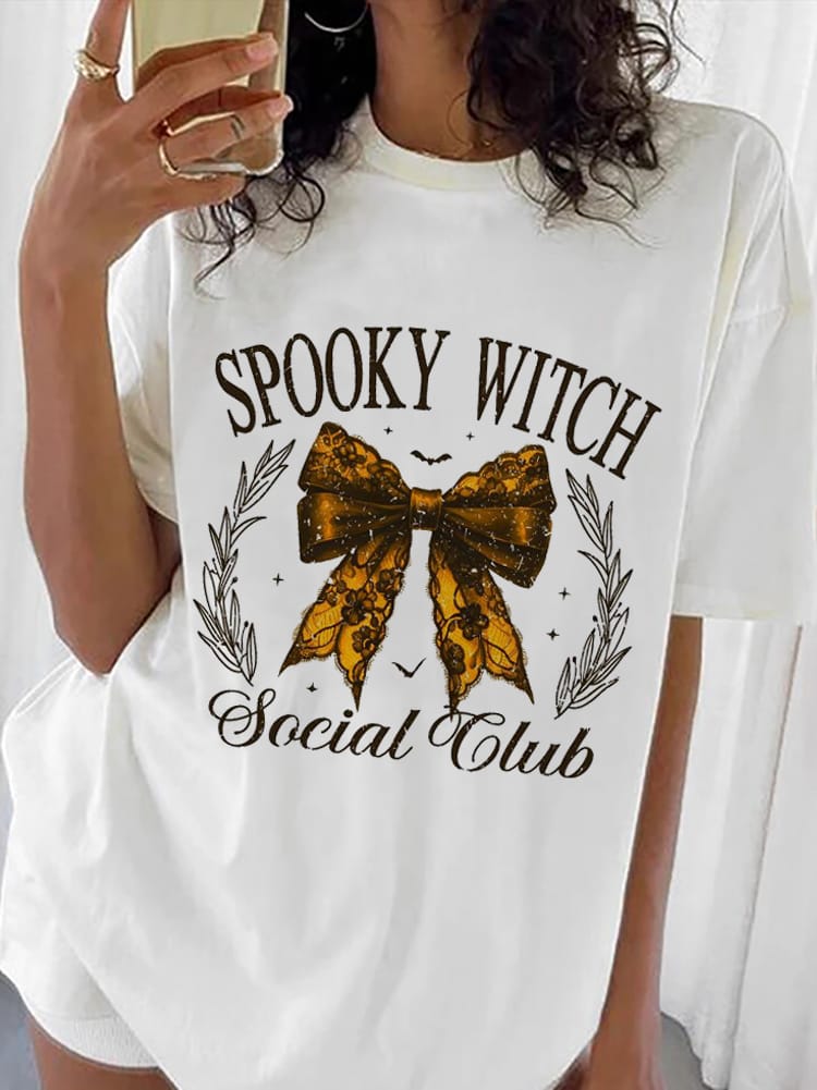 Retro Spooky Witch Social Club Ribbon Bow Fashion Style Trendy Top T-Shirt 90s Short Sleeved Women's Printed O-Neck T-Shirt