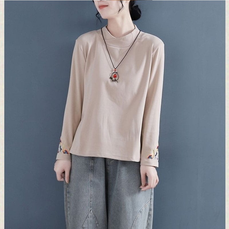 Autumn and Winter Women's Fashion Solid Color Casual Half High Collar Long Sleeve Loose Versatile T-shirt