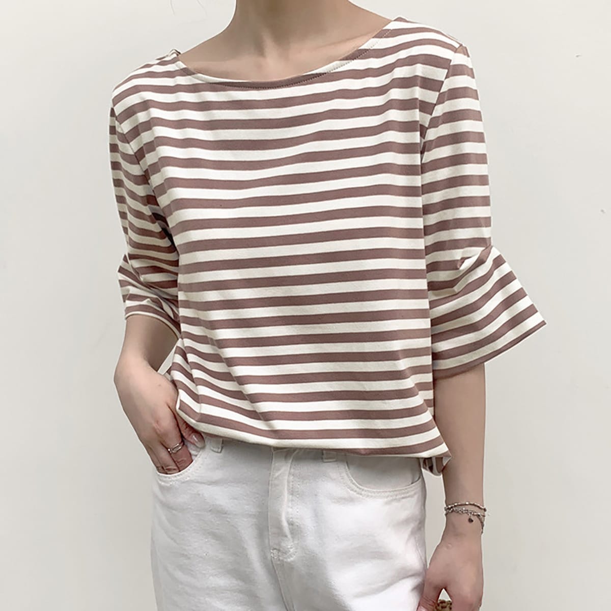 2024 Ladies Fashion Striped Printed Crop Tops Spring Summer Style O-Neck Half Sleeve T Shirts Women'S Casual Loose T-Shirt