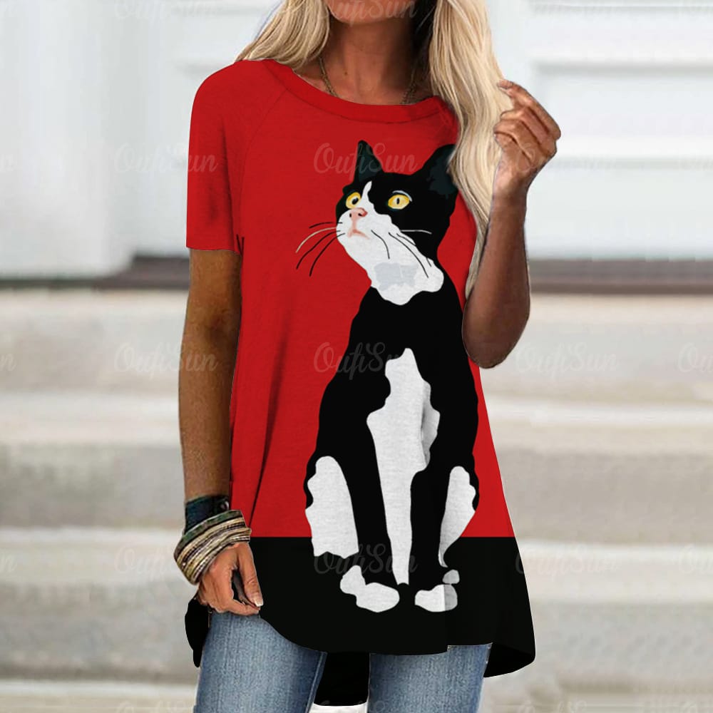 Women FashionKawaii Cat Women's T-Shirt Summer Round Neck Short Sleeve Top Casual Women's Clothing Streetwear Loose T Shirt for