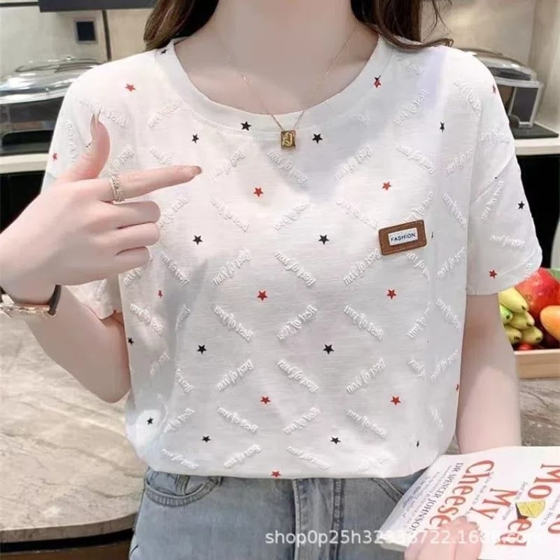 2024 Summer Women's New Pullover O-Neck Patchwork Printed Letter Fashion Solid Slim Minimalist Casual Short Sleeved T-Shirts Top