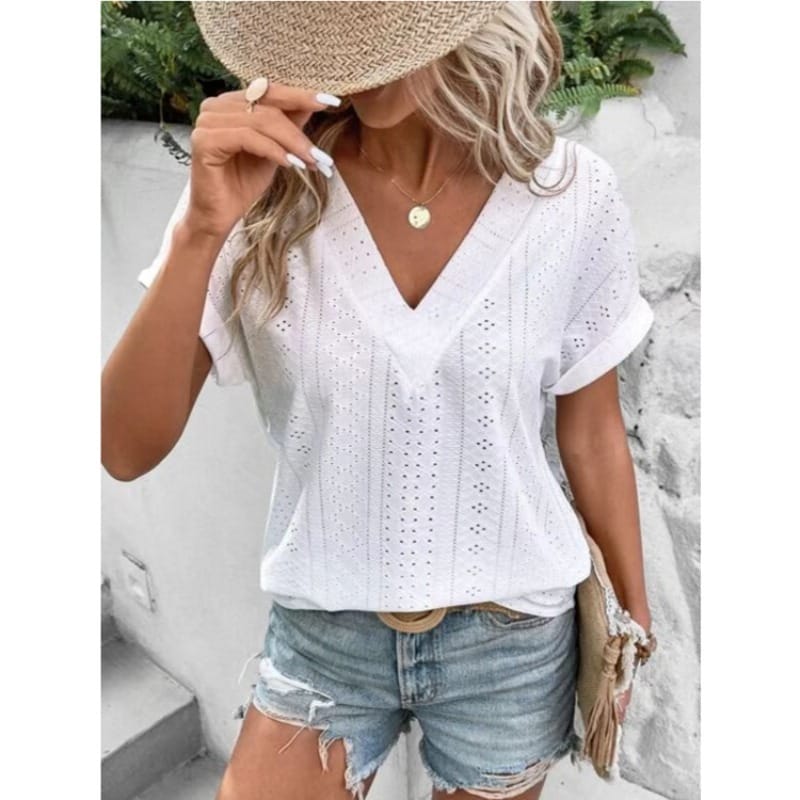 Summer Women's Pullover V-neck Short Sleeve Flare Sleeve Loose Hollow Solid Plaid Stripe Sexy Commuter Fashion Casual Tops