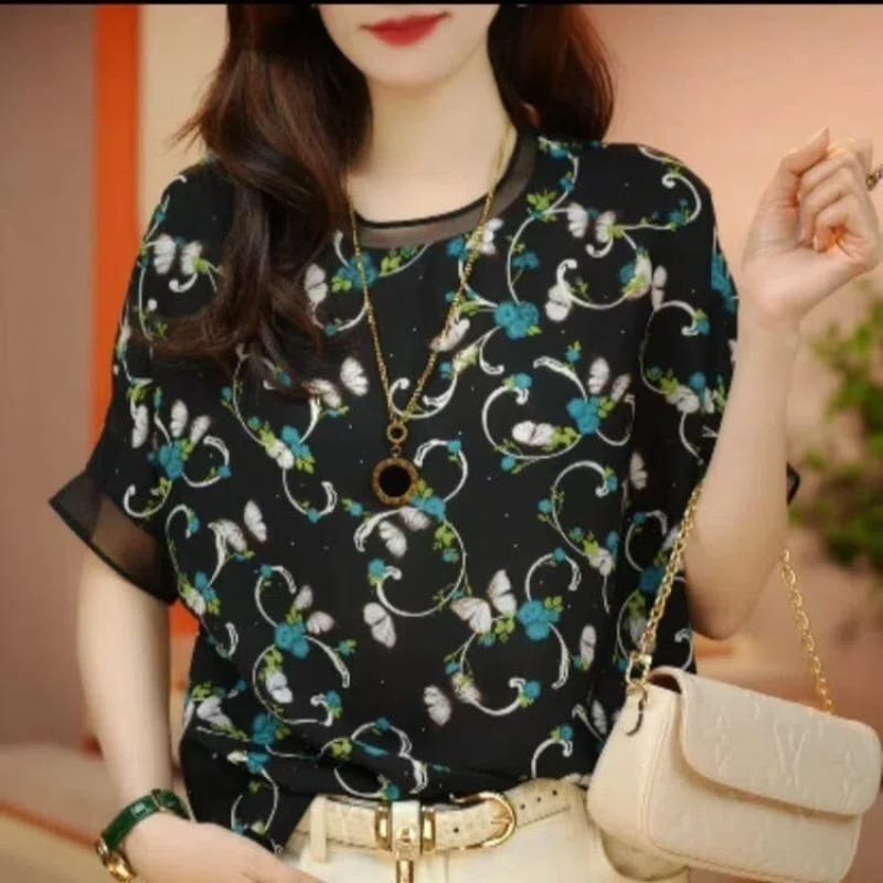 Minimalist Fashion Casual Summer 2024 Women's New Pullover O-Neck Patchwork Printing Lace Gauze Loose Short Sleeve Chiffon Tops