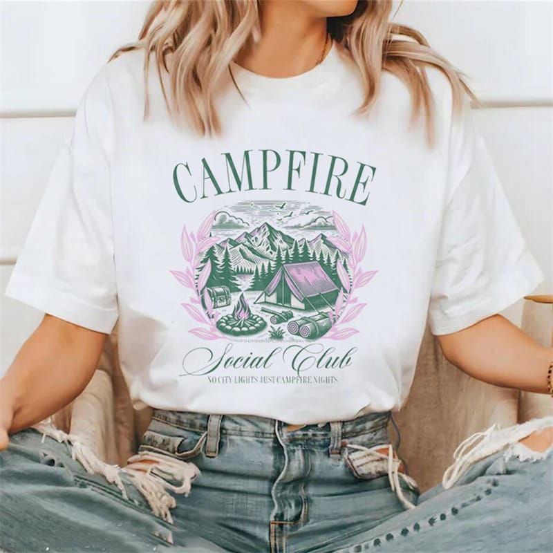 Fashionable Women's Camping Print Fun T-Shirt O-Neck Pattern Short Sleeve Cute Versatile Style Clothing Top Plus Size T-Shirt.