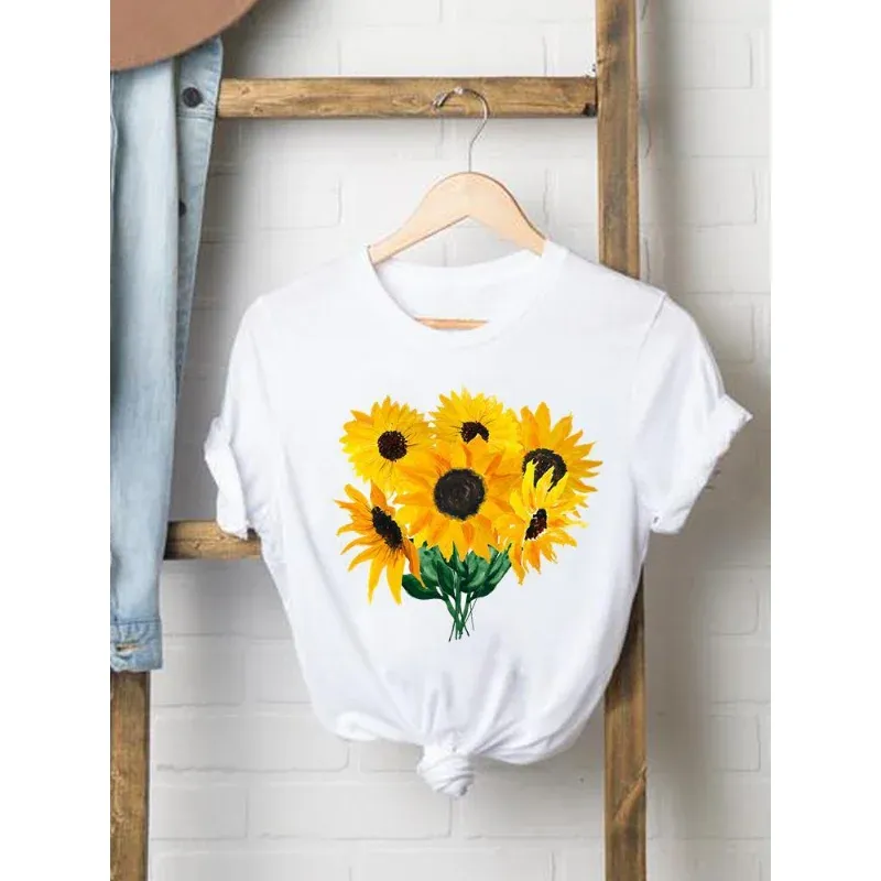 Women's Sunflower Flower Print Pattern Round Neck Short Sleeve T-shirt Large Size Shirt Elegant Girl Top Aesthetic Euro-american