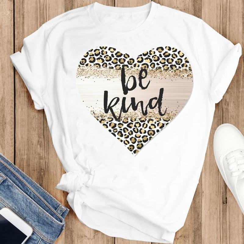 Women's Patterns Leopard Print Letters Cute Heart Fashion Print Short Sleeve Summer Tops  Women Clothing  Oversized T Shirt