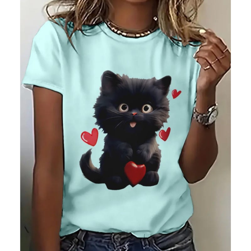 Cartoon Cat Printed Round Neck T Shirt Summer Spring Season Short Sleeve Casual Tops Harajuku Women's Breathable Short Sleeve