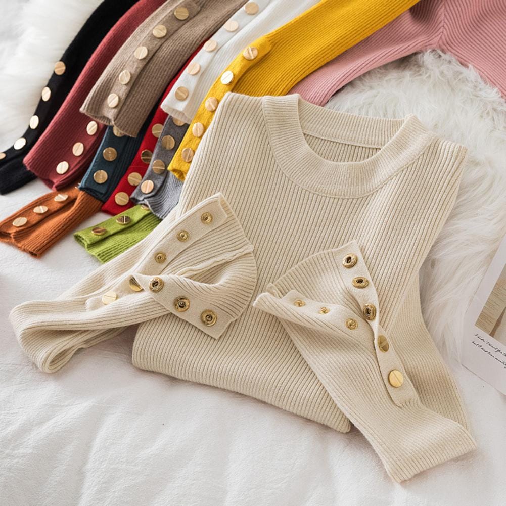 Women Round Neck Top Elegant Crew Neck Women's Sweater with Long Sleeves Button Decor for Fall Winter Fashion Slim Fit Knitted