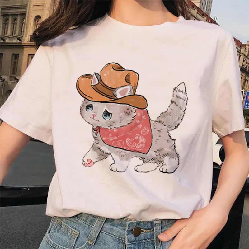 Women's Sweet Cartoon Printed T-Shirt Cute Cat Printed Pattern Fashion Casual Versatile Short Sleeve Top Style Basic T-Shirt.