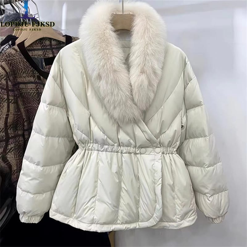 Covered Button) Coat for Women's,White Duck Down Jacket,Large Fur Collar Parkas,Korean Female Clothing,Winter,New,2024