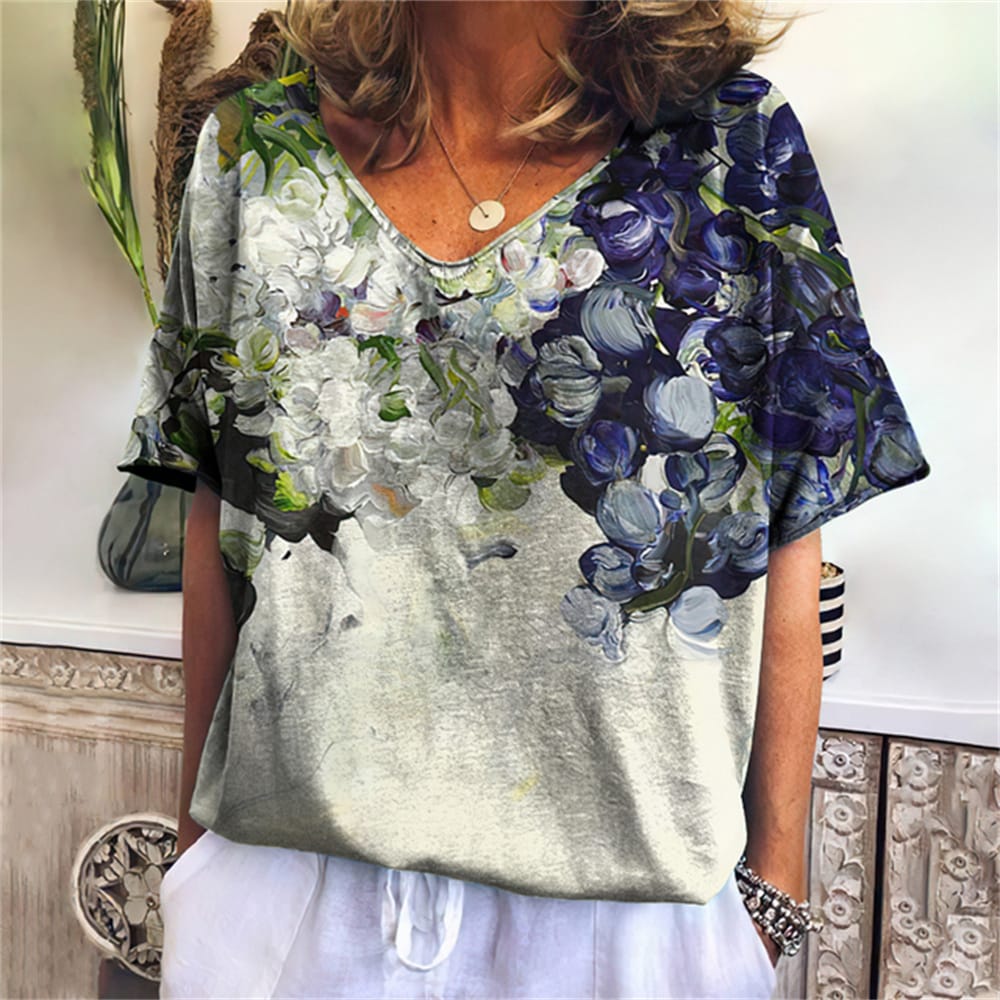 Flower 3d T-Shirt Harajuku Casual Short Sleeve Women's T-Shirts Fashion Characters Top Tee V-Neck Oversized Female Clothing