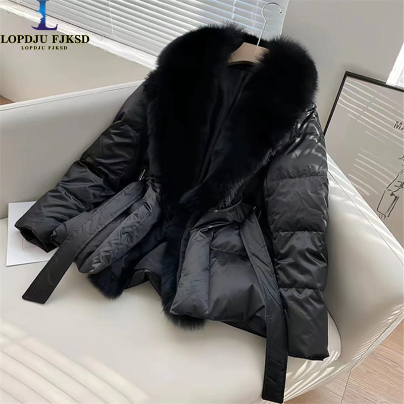 Women's Coat, 90% White Duck Down Jacket, Korean Parkas,Female Clothing,Faux Fox Fur Collar,Adjustable Waist, Winter,New,2023