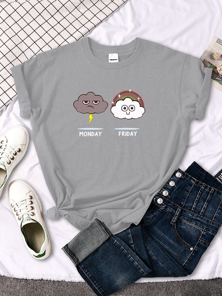 Rain On Monday And Sunny Friday Printing Women T Shirt Fashion Loose T-shirt Hip Hop Crewneck Top Anime Soft women's T Shirt