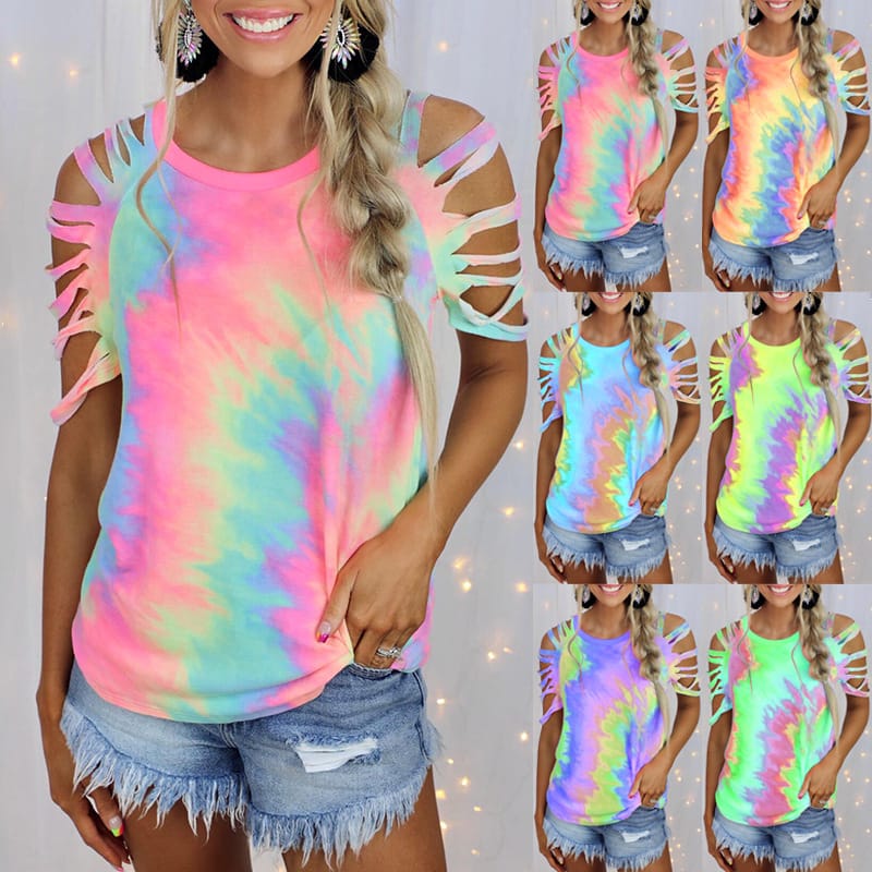 Women's Tie Dye Printed Short Sleeved Off Shoulder Hollow Sexy Casual T-shirt 2024 Summer