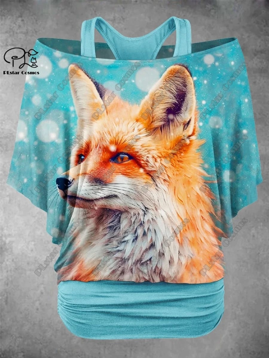 PLstar Cosmos 3D Printed Cute Little Fox Pattern Fake Two-Piece Top Women's Casual T-Shirt Harajuku Streetwear Collection