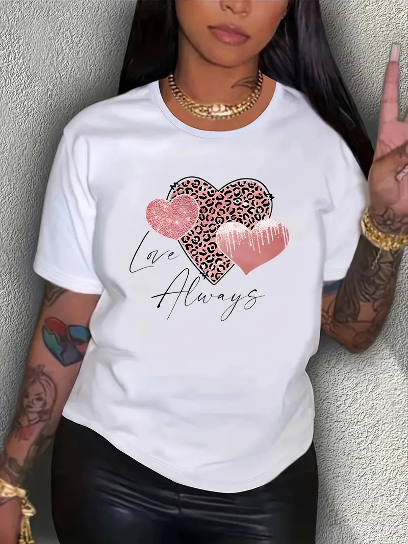 Leopard Heart Pattern Trendy Brand Fashion Printed Women's T-shirt Summer Women's O-neck Short Sleeve Street Trendy T-shirt