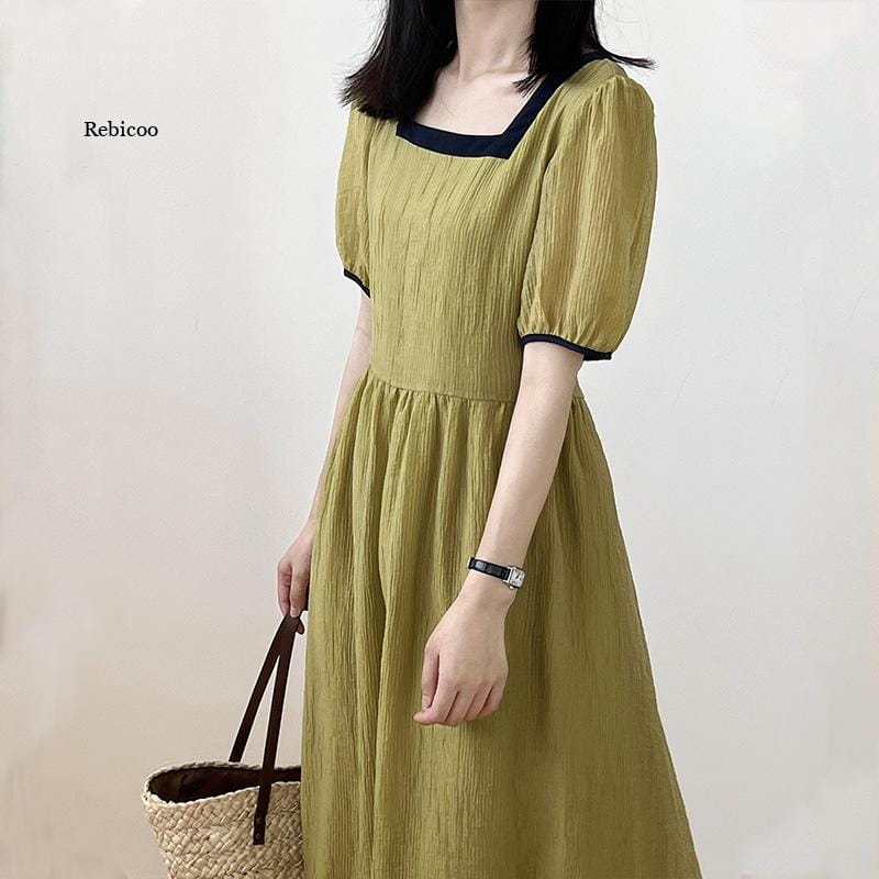 2022 Summer Women's Dress Midi Square Collar Korean Style Waist Short Sleeve Puff Tie Elegant Casual Ladies Clothing Female