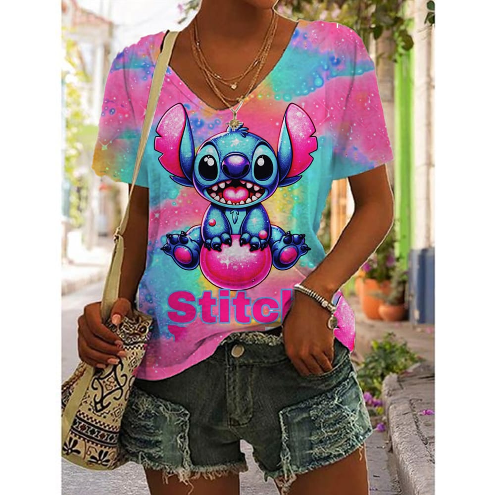 Fashion V-Neck Short Sleeve T-Shirts Summer Women's Clothing Simplicity Disney Stitch Print Change Pullover Casual Cartoon print