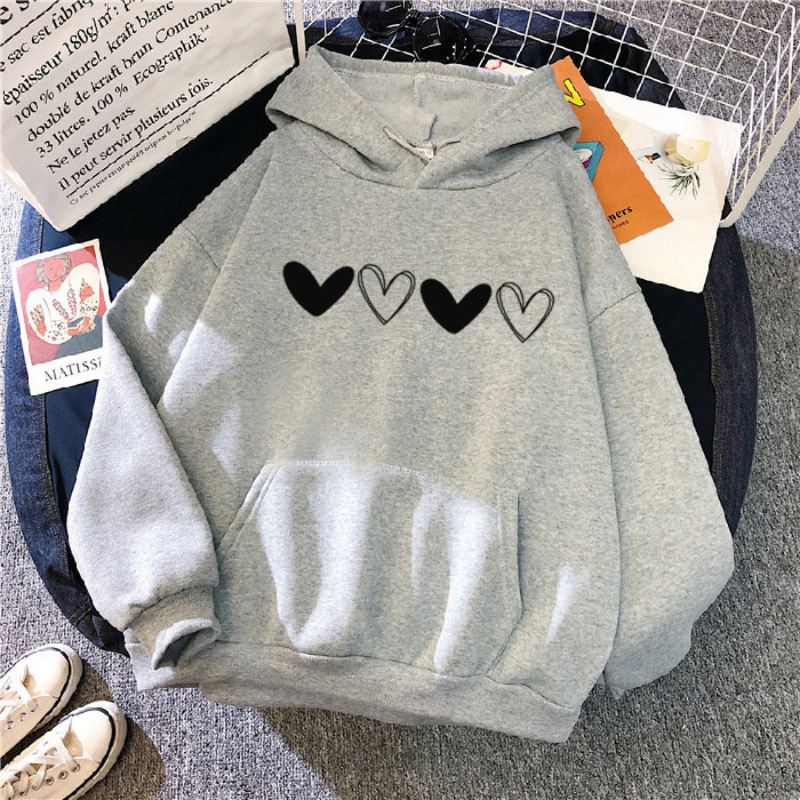 2024 Autumn New Women's Loose Heart-shaped Printed Hoodie Ladies Casual Long Sleeve Pullover Hooded for Student