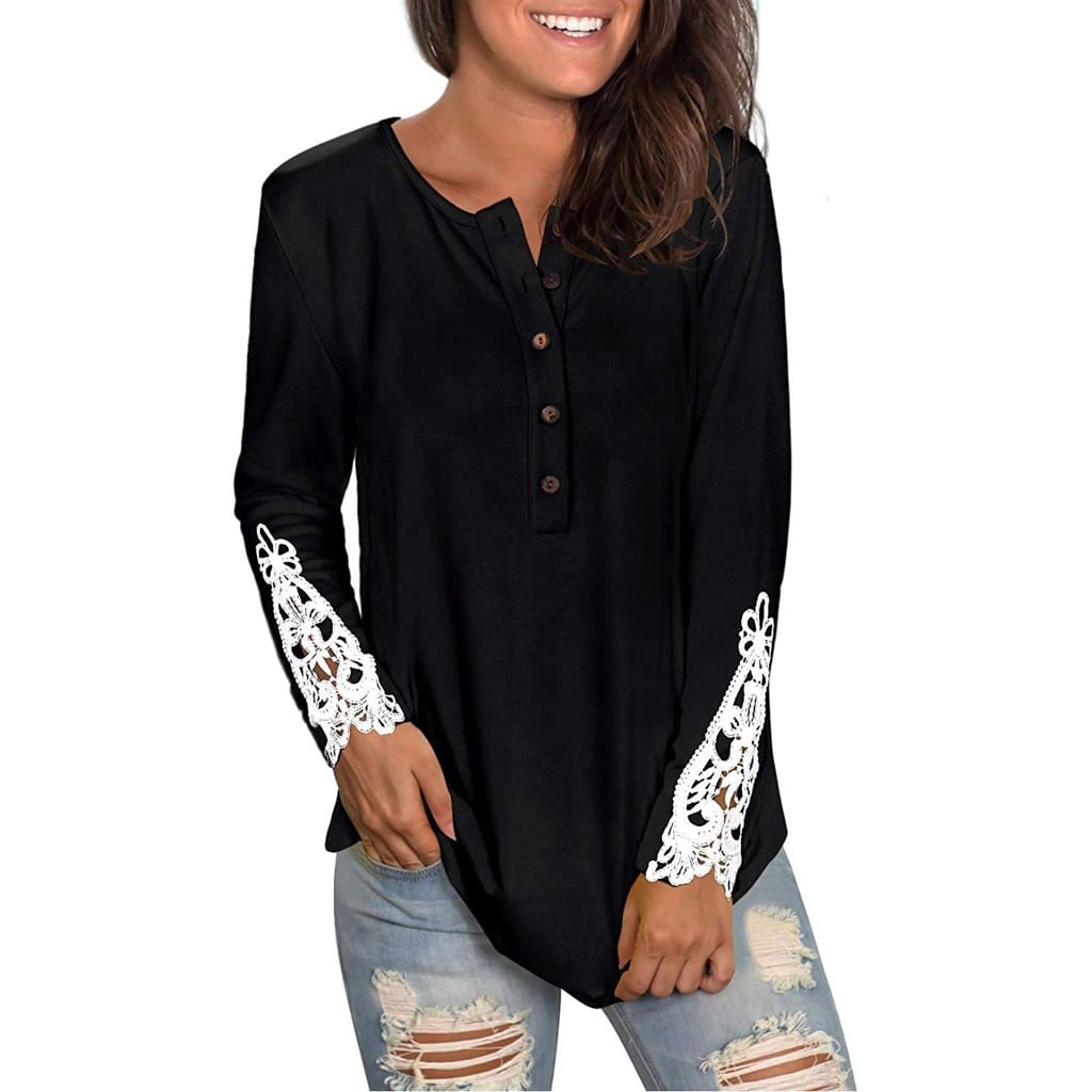 Women's Fashionable Lace Patchwork T-Shirts Long Sleeve Round Neck Solid Color Buttons Tee Shirts Loose Casual Ladies Tops