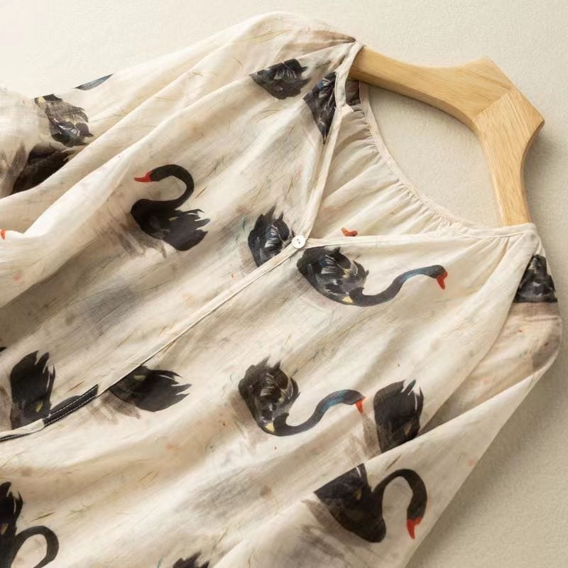 Japanese Women's 2024 Summer Pullover V-neck Patchwork Printed Ramie Loose Fashion Casual Cotton Linen Medium Sleeved Shirt Tops