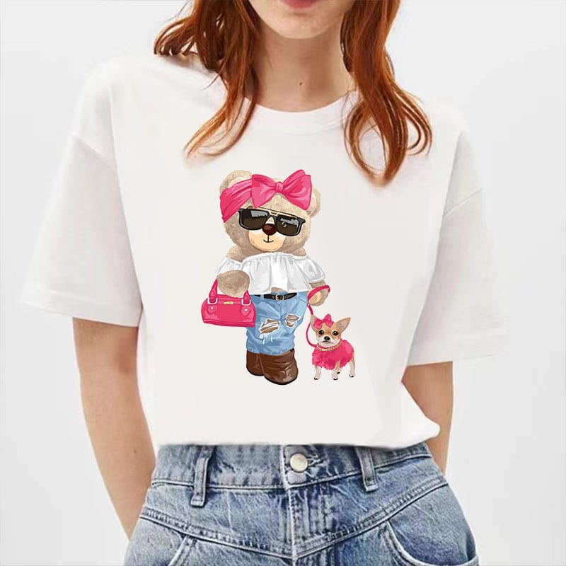 Women's Shopping Bear Print Loose Short Sleeve T-shirt Teddy Bear Men Oversized T Shirt  Aesthetic Clothes  Tops  Harajuku