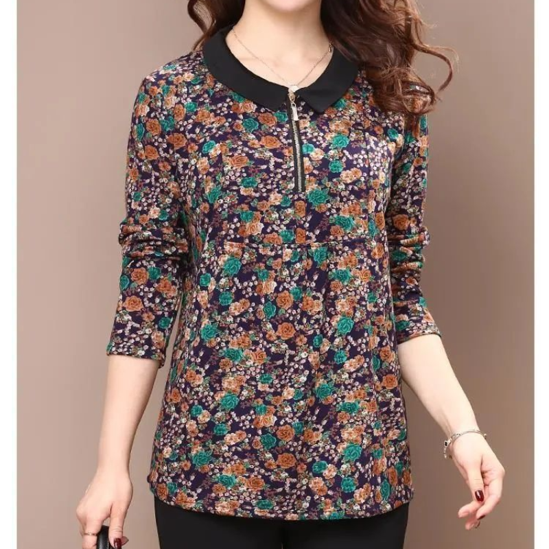 Fashionable Temperament Women's Clothing Autumn and Winter New Printed Zipper Round Neck Long Sleeve Versatile Oversize Pullover